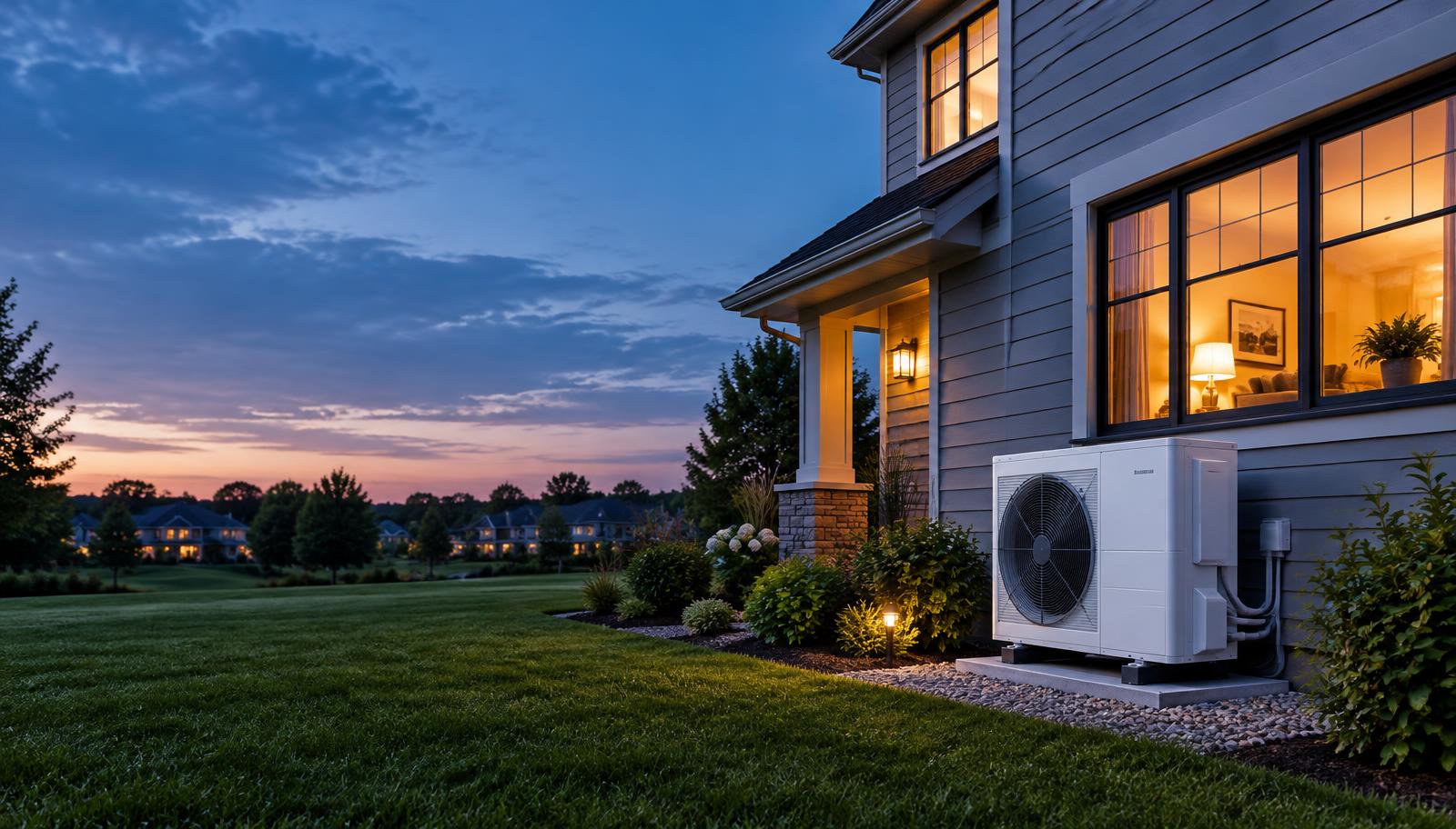 Home with a heat pump at dusk